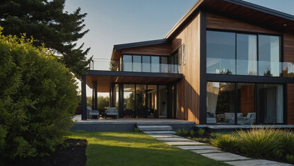Fototapeta premium Modern two-story wood-sided house with large windows and patio, set amidst landscaping including shrubs and grass. The home features a contemporary design with clean lines.