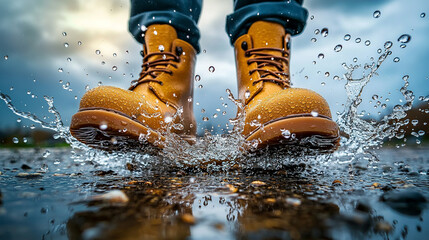Raindrops scatter in all directions as brown waterproof boots step into a puddle. The overcast sky creates a dramatic backdrop for this outdoor adventure. Generative AI