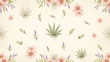 Cannabis floral pattern featuring roses, daisies, and lavender in pastel hues on a parchment-textured background. A bohemian, vintage-inspired artistic design
