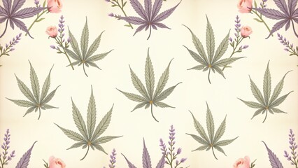 Fototapeta premium Cannabis floral pattern featuring roses, daisies, and lavender in pastel hues on a parchment-textured background. A bohemian, vintage-inspired artistic design