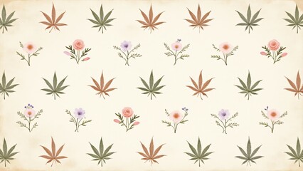 Cannabis floral pattern featuring roses, daisies, and lavender in pastel hues on a parchment-textured background. A bohemian, vintage-inspired artistic design