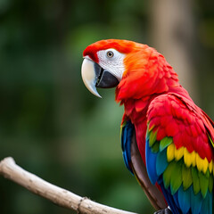 Fototapeta premium Pretty side profile of a scarlet macaw bird on a perch.