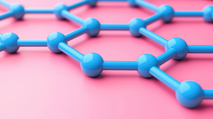 close up view of interconnected blue spheres forming hexagonal pattern on pink background, showcasing modern design