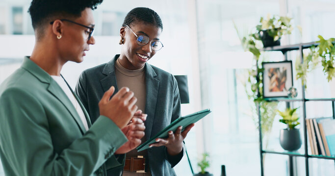 Teamwork, eco consultant and tablet with business people in office for sustainability manager, research and planning. Environment policy, climate change solution and discussion with employees