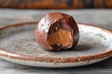 A close-up of a ketogenic fat bomb made with coconut oil, peanut butter, and cocoa, sitting on a rustic plate