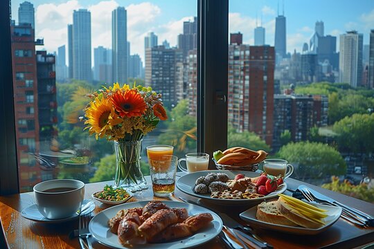 A table set for breakfast features various dishes alongside a colorful floral arrangement, with the Chicago skyline visible through large windows. The view captures the urban landscape in daylight