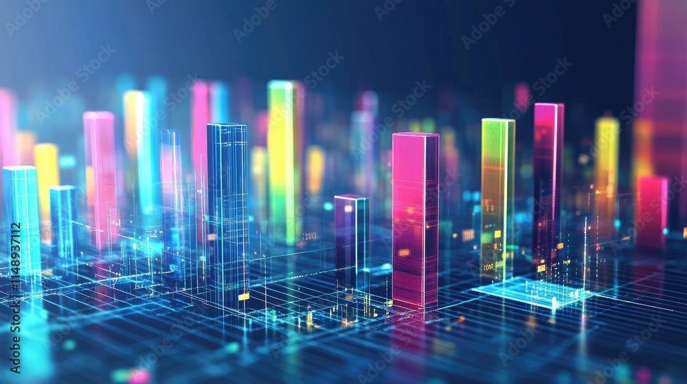 Poster abstract digital landscape with colorful data visualization bars representing information flow, tech