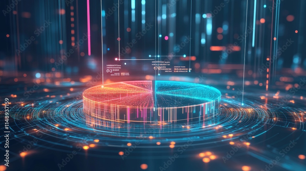 Poster futuristic data visualization of a dynamic pie chart with animated elements and bright neon colors i