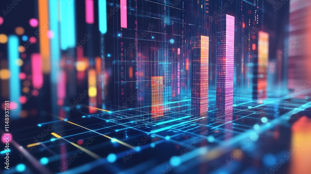 Poster futuristic digital data visualization with colorful bar graphs and abstract background representing 