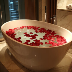 Luxurious bathtub filled with water and rose petals, creating serene atmosphere