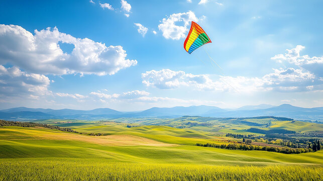 A vibrant orange paraglider glides gracefully above expansive golden wheat fields, with rolling hills and a clear blue sky in the background during a sunny day. Generative AI - Powered by Adobe