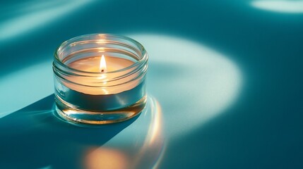 A lit candle in a glass jar casting soft light and shadows.