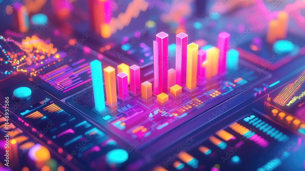 Poster futuristic bright colorful data visualization with 3d graphs and charts representing business trends