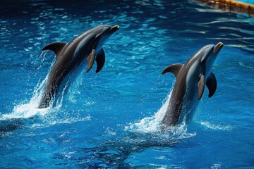 Obraz premium Pair of leaping dolphins in azure waves