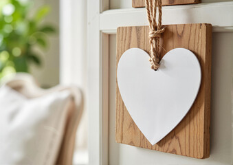 White heart-shaped tag hanging on a wooden board in a cozy indoor setting with natural light