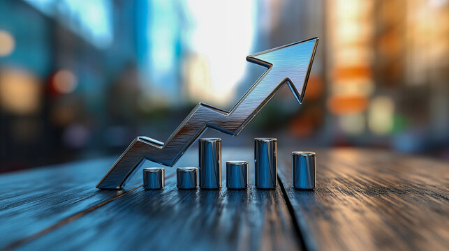 Metal arrow on bar graph representing financial growth and success