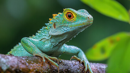 Obraz premium Close-up of a green lizard on a branch with a blurry background and a green leafy tree in the foreground