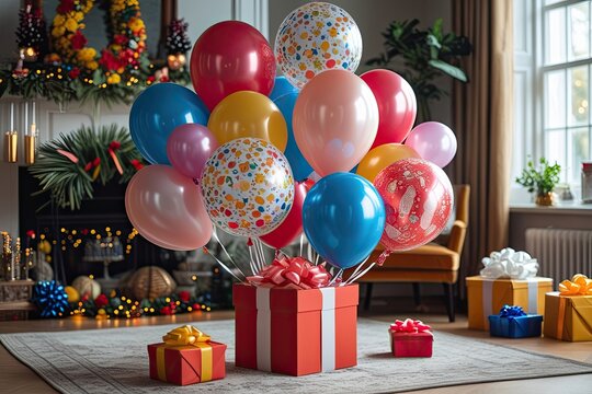 Joyful Celebration Gift Box with Festive Balloons for Special Occasions