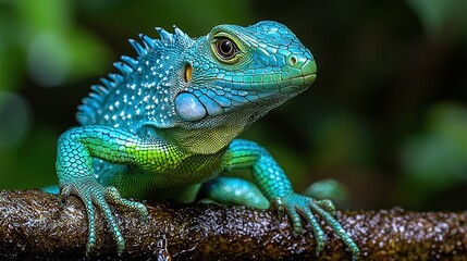   A blue-green lizard on a tree branch with a blurred forest backdrop