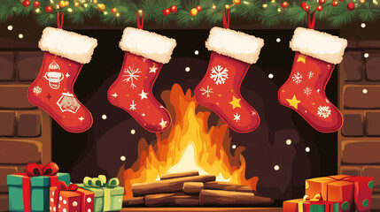 Christmas stockings hanging from a mantle with a roaring fire below, presents, vector style