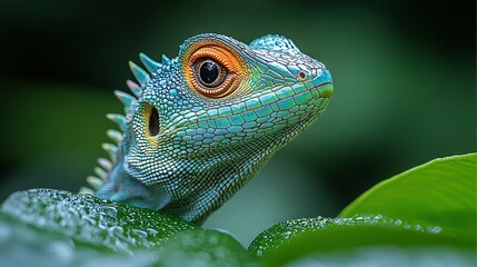 Fototapeta premium A macro shot of a lizard's face on a leaf with water droplets on its surface