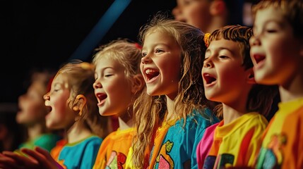 Fototapeta premium Joyful Children Singing Together on Stage in Colorful Costumes with Bright Expressions During a Fun Performance at a Music Event
