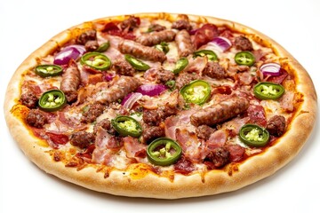 Pizza topped with meat including bacon salami hunting sausages jalapenos and onions on a white background