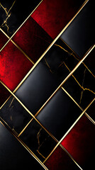 Sophisticated abstract composition of red and black textured tiles with gold accents, creating a luxurious and modern design