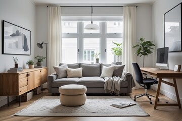 Fototapeta premium Scandinavian Inspired Bright Living Room Featuring Cozy Lounge Sofa and Stylish Wooden Desk