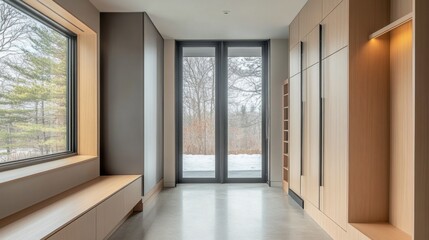 Fototapeta premium Modern minimalist mudroom with clean, functional design. Featuring neutral tones and sleek storage solutions