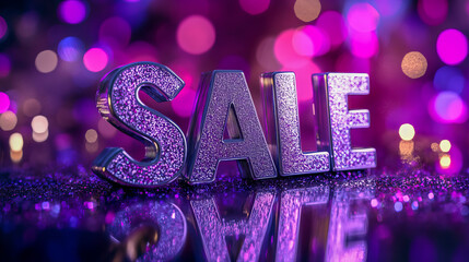 Glittery purple sale sign against vibrant bokeh background