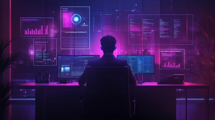 A person working at a high-tech desk surrounded by digital data displays.