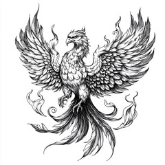 Mythical Phoenix with Detailed Flames - Sketch Engraving Illustration on a White Background