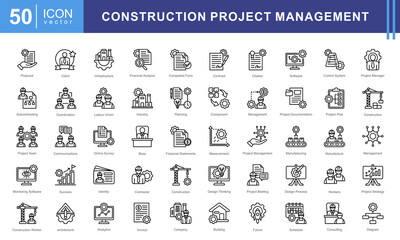 Project construction management icon collection set. Containing subcontractor, design, success, boss, financial analysis, image industry, architecture icon. Simple vectors illustration.