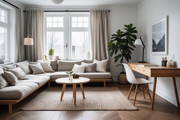 Fototapeta premium Scandinavian Inspired Bright Living Room Featuring Cozy Lounge Sofa and Wooden Desk
