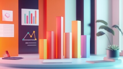 Fototapeta premium Modern Workspace with Colorful Bar Graphs and Charts Illustrating Data Analysis and Business Growth in a Bright and Creative Office Environment