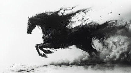 Dynamic black horse charging forward with smoky trail