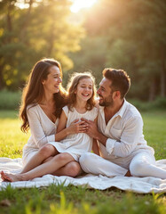 Fototapeta premium generative ai a joyful Family wearing White outfits sitting on a park