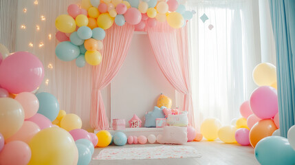 "Festive Fun: Room Decorated with Colorful Balloons for a Party"

