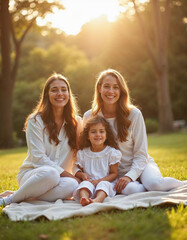 Fototapeta premium generative ai a joyful Family wearing White outfits sitting on a park