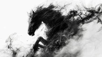 Dynamic black horse emerging from ethereal smoke in motion