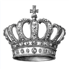 Regal Crown with Gemstones - Sketch Engraving Illustration on a White Background