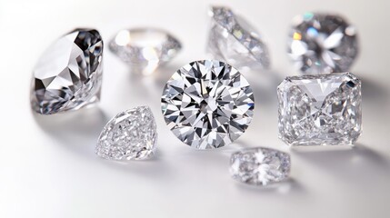 A Captivating Collection of Brilliant Cut Diamonds Displayed Elegantly on a Soft White Surface, Showcasing Their Sparkling Clarity and Exquisite Craftsmanship in Light