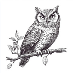 Wise Owl Perched on a Branch - Sketch Engraving Illustration on a White Background