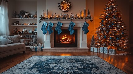  fireplace, tree in corner, stockings on mantels