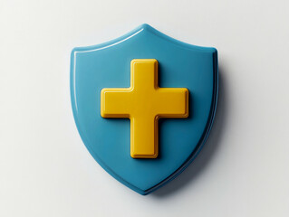 Fototapeta premium Blue shield with yellow cross symbolizing protection and safety on a white background