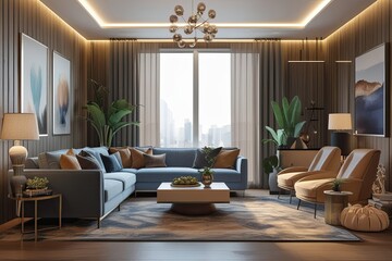 3D Visualization of Contemporary Living Room Design with Modern Furniture and Chic Decor