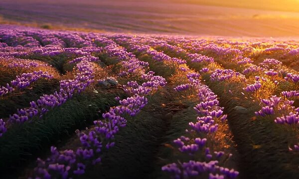 Golden Hour Saffron Field: A breathtaking view of rows of purple saffron flowers bathed in the warm light of sunset.