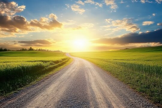 Rural dirt road and lush wheat field under sunset clouds