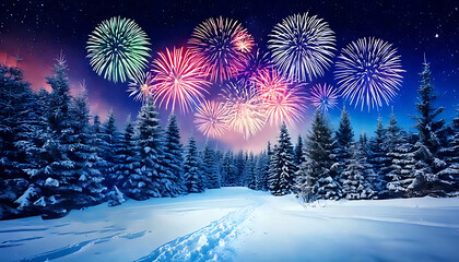 Christmas night in a magical winter forest with colorful fireworks and snowflakes, 3d render